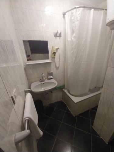 La petite salle de bains est pourvue d'un lavabo et d'une douche. dans l'établissement The New Garden Palace Hotel, au Caire