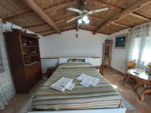 um quarto com uma cama e uma ventoinha de tecto em La Dimora degli Dei 