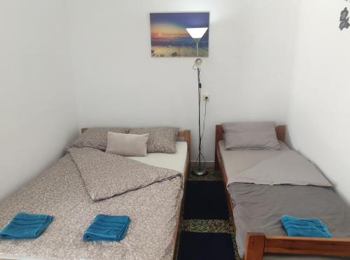 two twin beds in a room with a lamp at Apartmani Nova Topola in Nova Topola