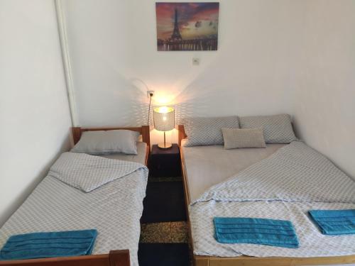 two twin beds in a room with a lamp at Apartmani Nova Topola in Nova Topola