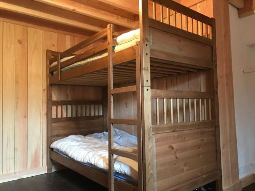 a bunk bed in a wooden room with a bunk bedscribed at Belle Maison en Bourgogne - Auxois - Morvan in Flée