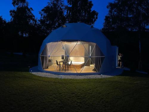 a person standing in a blue dome tent in a field at Poziom 713 in Trzebunia
