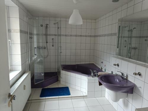 a bathroom with a tub and a sink and a shower at FeWo Wüste Worth in Stendal