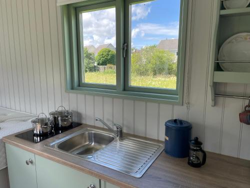 een wastafel in een keuken met een raam bij Market Street Shepherd's Hut Leitrim in Drumahayre