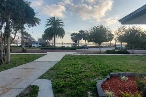 a walkway in a park with a palm tree at Retreat Overlooking Lake Dora! in Tavares