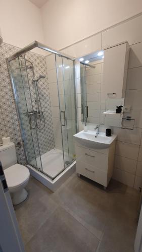 a bathroom with a shower and a toilet and a sink at Apartament Olsztyn Centrum in Olsztyn