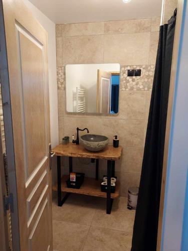 une salle de bain avec un lavabo et un miroir dans l'établissement maison d'hôtes labastide, à Villenave