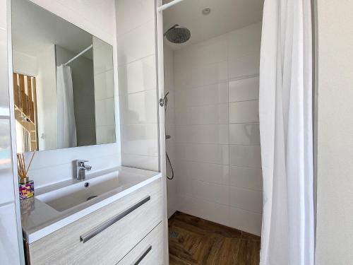 ein Bad mit einem Waschbecken und einem Spiegel in der Unterkunft Gîte Le Panoramique in Bilieu