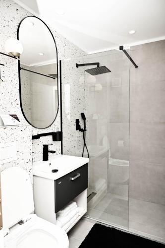 a bathroom with a toilet and a sink and a shower at Dreambed 2 in Baia Mare