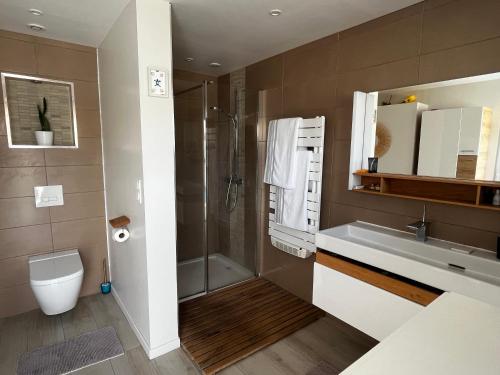 W łazience znajduje się prysznic, umywalka i toaleta. w obiekcie Suite parentale avec piscine privée w mieście Moussan