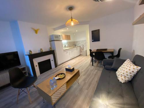 un salon avec un canapé et une cheminée dans l'établissement Les Cosy De Nancy - Urban Jungle - 4 étoiles, à Nancy