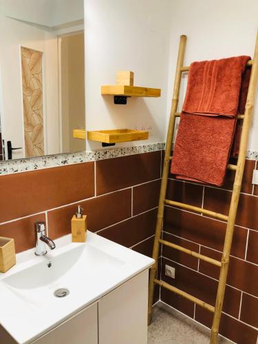 une salle de bain avec un lavabo et un miroir dans l'établissement CASA DAHLIA - Charmant appartement équipé avec grande terrasse, à Marseillan