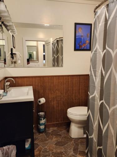 a bathroom with a toilet and a sink and a mirror at Inn at Arch Rock in Depoe Bay