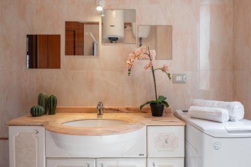 uma casa de banho com um lavatório e um vaso de plantas em [FREE Parking] Relax&Comfort a 5 minuti dalla Spiaggia em Santa Luria