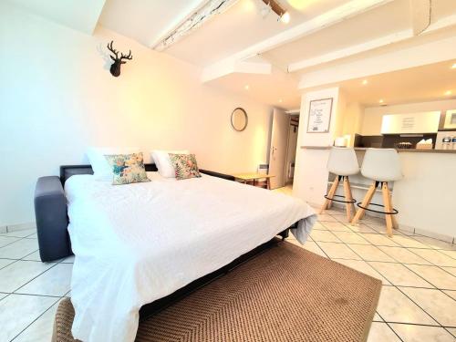 une chambre avec un grand lit blanc dans une pièce dans l'établissement Les Cosy De Nancy - La cache du cerf - 4étoiles, à Nancy