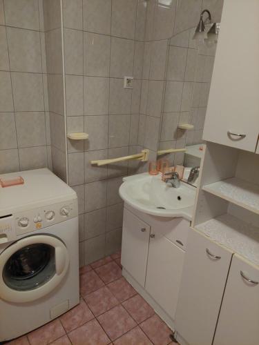 a bathroom with a washing machine and a sink at Apartma Kaj in Kaja in Maribor