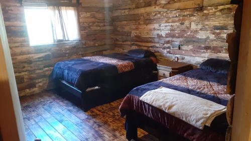 - une chambre avec 2 lits et un mur en bois dans l'établissement Cabaña cruz verde, à Pinal de Amoles