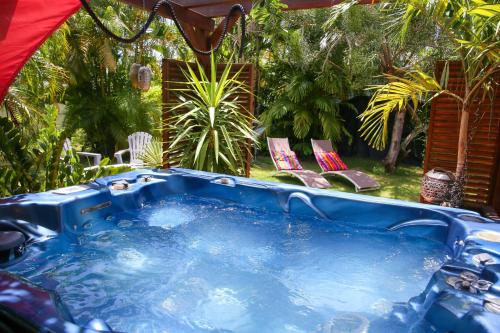 LES NUITS GALANTES MANDEVILLA MAISON PRIVÉE AVEC JACUZZI في سانت فرانسوا: حوض استحمام ساخن أزرق في ساحة بها كراسي وأشجار