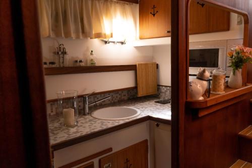 een keuken met een wastafel en een aanrecht bij Barca sul fiume Magra LaSpezia in Luni