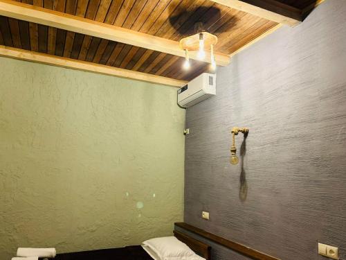 een badkamer met een douche in de hoek van een kamer bij Tsotne's kingdom in Vardzia
