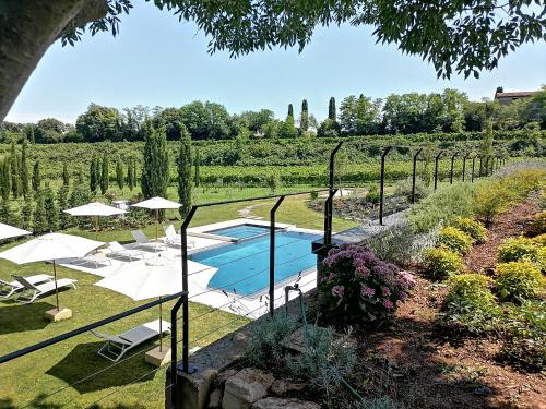 a garden with a swimming pool and a bunch of umbrellas at Relais Ca' Morenica in Valeggio sul Mincio