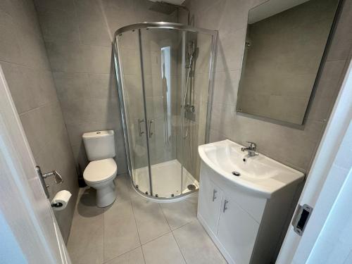 uma casa de banho com um chuveiro, um WC e um lavatório. em Sunny Modern, 1 Bed Flat, 15 Mins Away From Central London em Hendon