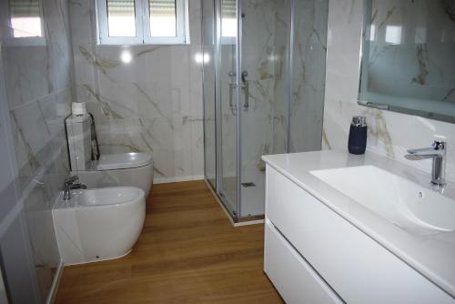 uma casa de banho com um WC, um lavatório e um chuveiro em Conchada House 13 em Coimbra