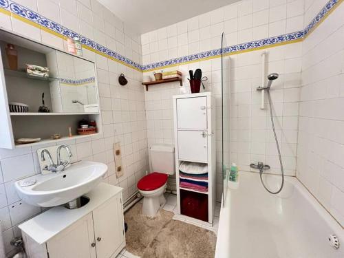 une salle de bain avec un lavabo, des toilettes et une douche dans l'établissement Grand appartement avec balcon et parking gratuit sur place, à Paris