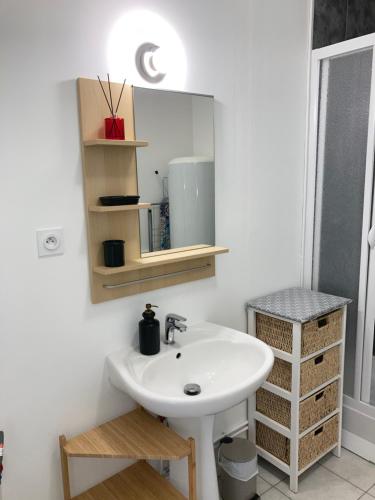 a bathroom with a white sink and a mirror at A&JDuplex - Bonny sur Loire - Châteaux de Guedelon - Pont Canal in Bonny-sur-Loire