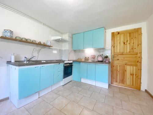 a kitchen with blue cabinets and a wooden door at Rustikální romantika pro dva in Buchlovice