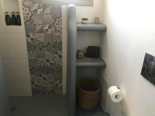 een badkamer met een douche, een plank en een toilet bij Magma & Tefra in Éxo Goniá