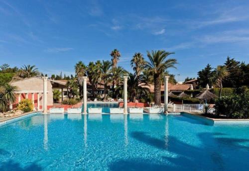 une grande piscine bleue bordée de palmiers dans l'établissement Petit paradis du 66,Canet Roussillon, à Canet