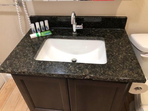 a bathroom sink with a black counter top at Riverside Cabin 1 in Grants Pass