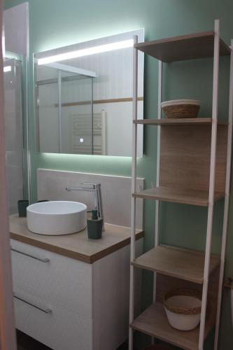 une salle de bain avec un lavabo et un miroir dans l'établissement Gîte Chez Maupassant 6 à 8 personnes Fécamp, à Fécamp