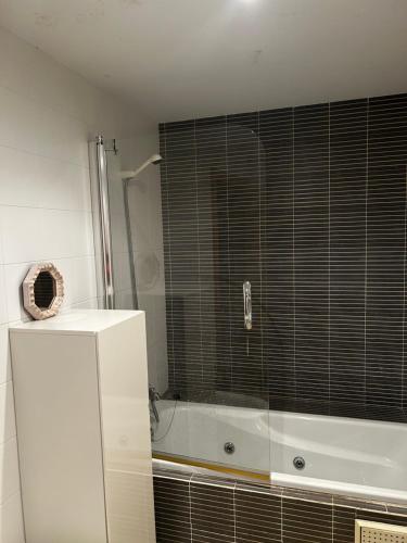 a bathroom with a shower and a white refrigerator at La Casa de Blanca in Candás