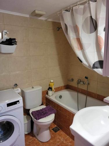 a bathroom with a toilet and a washing machine at 180 Degree Sea View Apartment in Palaiochora