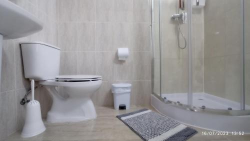 La salle de bains est pourvue de toilettes et d'une douche en verre. dans l'établissement Cantinho dos Remédios, à Lajes