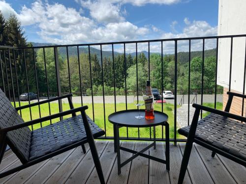 a table and two chairs on a deck with a bottle of wine at Cozy apartment Brčalnik in Železná Ruda