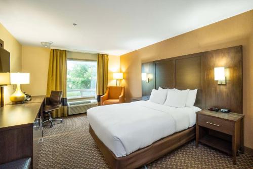 una camera d'albergo con un grande letto e una scrivania di Comfort Inn & Suites Salmon Arm a Salmon Arm