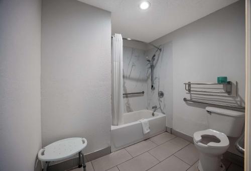 a white bathroom with a toilet and a shower at Quality Inn Tallahassee near University in Tallahassee