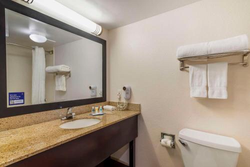 a bathroom with a sink and a toilet and a mirror at Comfort Inn Alpharetta-Atlanta North in Alpharetta