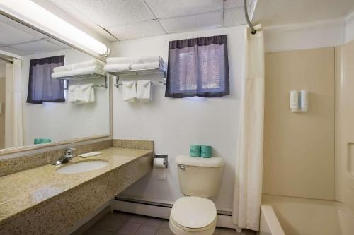 ein Badezimmer mit einem WC, einem Waschbecken und einem Spiegel in der Unterkunft Suburban Studios Millville in Millville