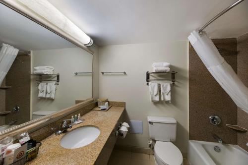 a bathroom with a sink and a toilet and a mirror at Suburban Studios in San Angelo