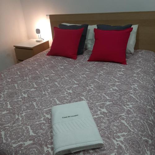 a bed with red pillows and a laptop on it at Casa do Loureiro in Paradela