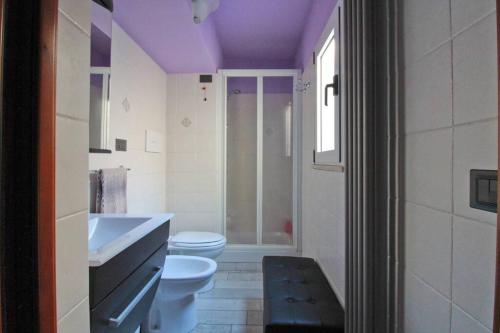 奧托納的住宿－La Rustica House，浴室配有卫生间和带紫色天花板的淋浴。