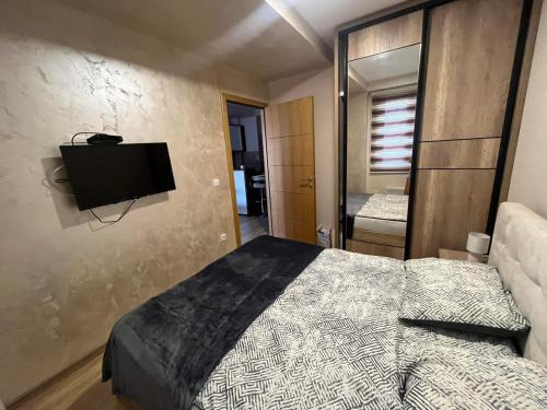 a bedroom with a bed and a television on the wall at La Montaña apartman in Zlatibor