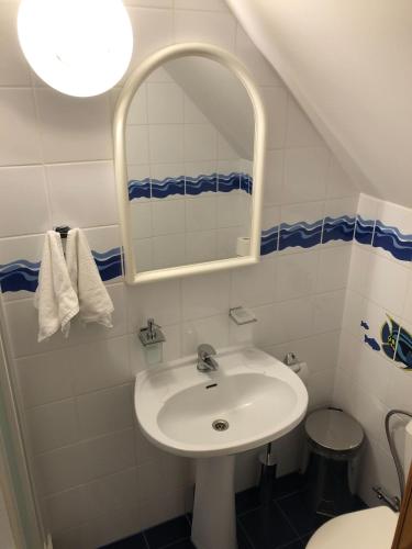a bathroom with a sink and a mirror and a toilet at Kid's House in Padure