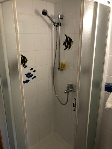 a bathroom with a shower with butterflies on the wall at Kid's House in Padure