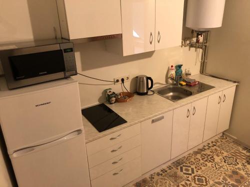 a small kitchen with a white refrigerator and a microwave at Kid's House in Padure