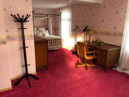 a bedroom with a desk and a bed with a mirror at Kid's House in Padure